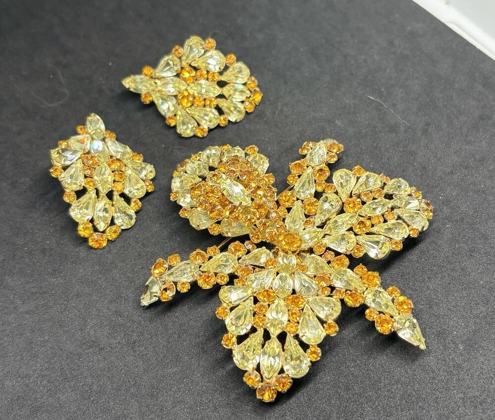 SCHIAPARELLI Book Piece Citrine & Yellow Rhinestone Orchid Brooch Earrings Set